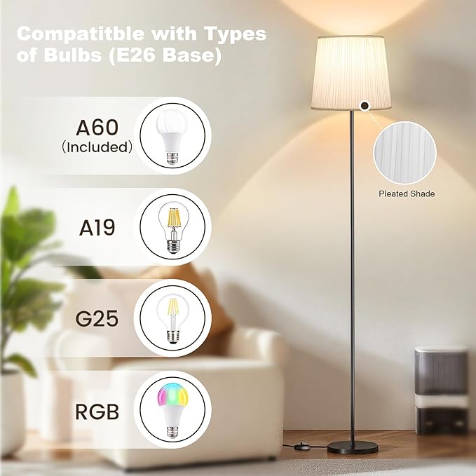 Floor Lamp with Pleated Shade - 3 Color Temps LED Standing Lamp with Foot Switch, 9W E26 Bulb Included, 62" Floor Reading Light for Living Room Bedroom Office Corner Dorm Kids, Black