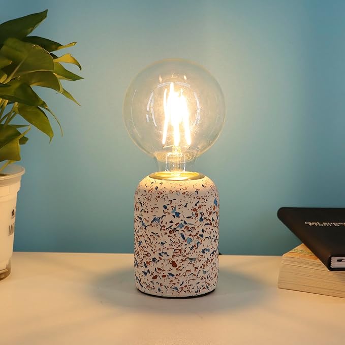 Mini Modern Stained Concrete Bedside Table Lamp, 3.5 x 3.5 x 8.5 Inch Nightstand Lamps, with Spherical Bulb Round Side Table Lamp for Bedroom Living Room Entryway Table Lamps