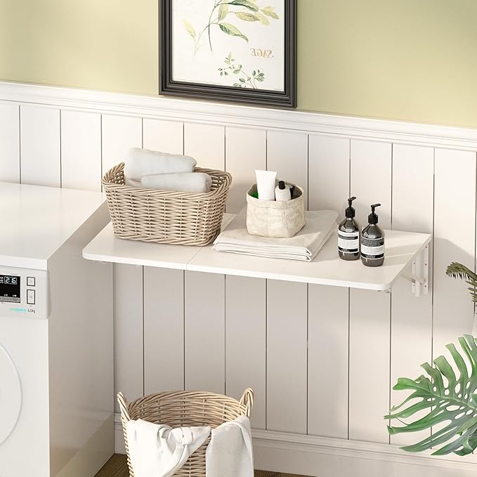 TEAMIX Wall Mounted Desk, White Folding Table for Small Spaces, Wall Floating Desk with Heavy Duty Brackets for Laundry Room,Kitchen,Office Storage