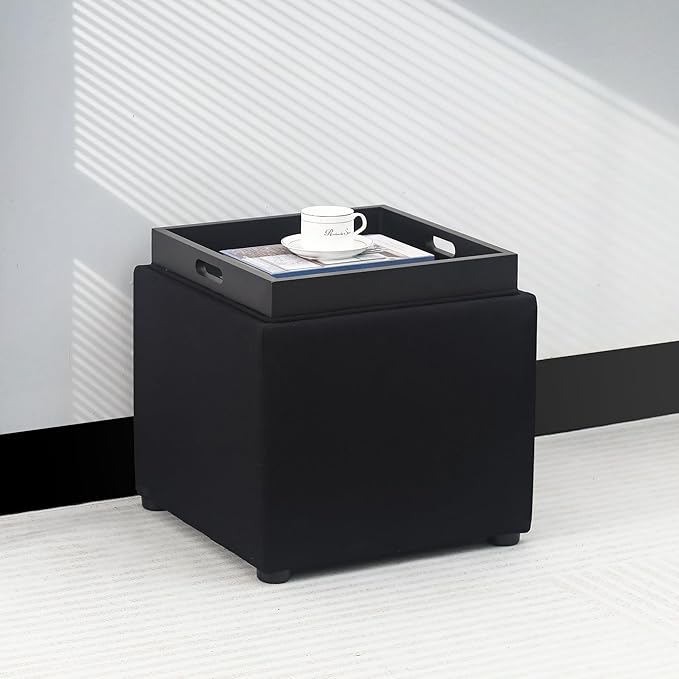 Adeco 17" Black Square Storage Ottoman with Tray, Modern Cube Ottoman Coffee Table for Dorm, Bedroom