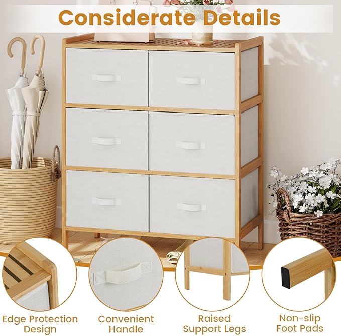 Giantex 6-Drawer Dresser for Bedroom, Bamboo Storage Tower with 6 Foldable Fabric Drawers & Top Shelf, Modern Chest of Drawers, Vertical Organizer Unit for Closet, Living Room (14" D x 26" W x 31" H)