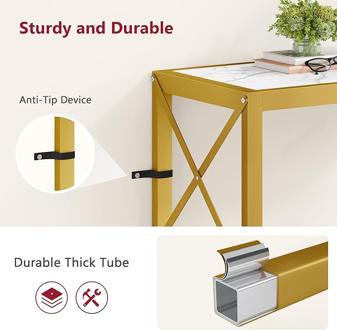 Tajsoon 28.3" Entryway Table, 2-Tier Small Consle Table for Entryway, Narrow Sofa Table with Shelves, Entrace Table for Hallway, Living Room, Corridor, Office, Gold & White