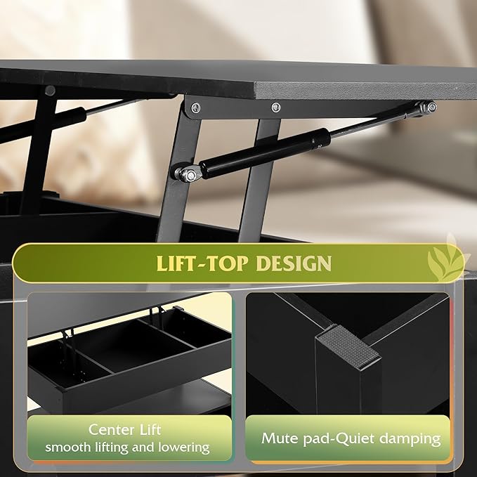 WLIVE Coffee Table, Lift Top Coffee Table with 2 Drawers, Large Hidden Hidden Compartment and Open Shelf, Lift Tabletop, Dining Table for Living Room, Black