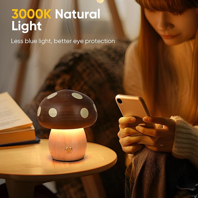 Wood Mushroom Lamp, Rechargeable Small Bedside Lamp, Touch Mushroom Night Light Small lamp for nightstand, Portable Battery Operated Lights for Bedroom Kids Birthday Gifts