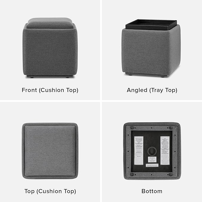 mopio Levi Storage Ottoman with Reversible Tray, Modern Square Chest Coffee Table, Upholstered Cube Sitting Foot Stools Ottoman for Living Room, Bedroom, Entryway (Fabric, Dark Gray)