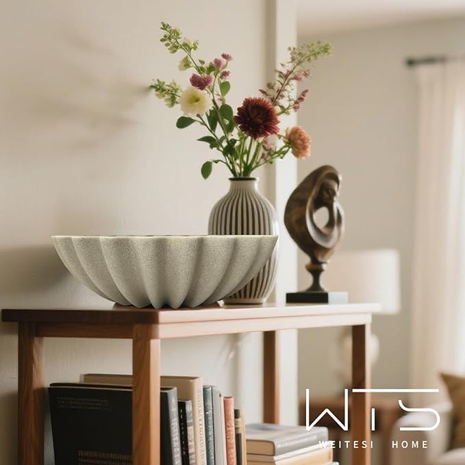 Decorative Fruit Bowl for Kitchen Counter, Large Decorative Bowl Modern Handicraft Bowl for Home Decor, Stylish Key Bowl for Entry Table, Coffee Table Decor, Home Decor Accent, Artificial Stone Beige