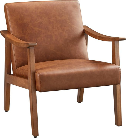 Yaheetech PU Leather Accent Chair, Mid-Century Modern Armchair with Solid Wood Legs, Reading Leisure Chair with High Back for Living Room Bedroom Waiting Room, Light Brown