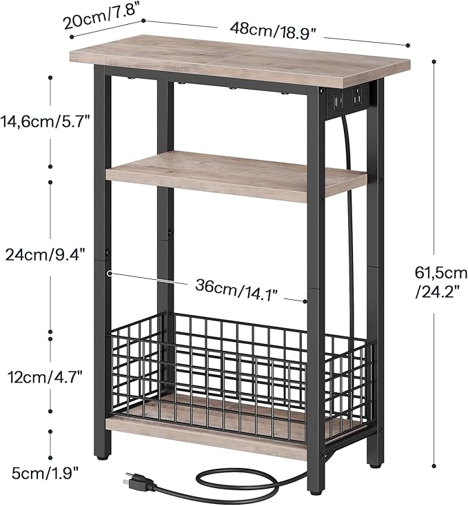 HOOBRO Narrow Side Table with Charging Station and LED Light, Small End Table with Storage, Skinny Nightstand with USB Port, Slim Bedside Table for Small Spaces, Living Room, Greige BG242UDBZ01