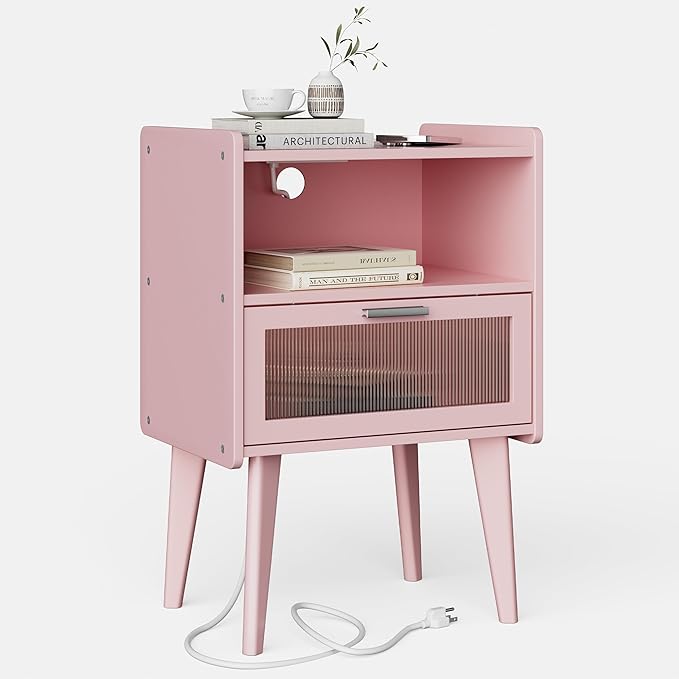 Nightstand with Charging Station, Bedside Tables Pink End Table Side Table with 2 Tiers Storage Space, for Bedroom Living Room MLBZ07PE