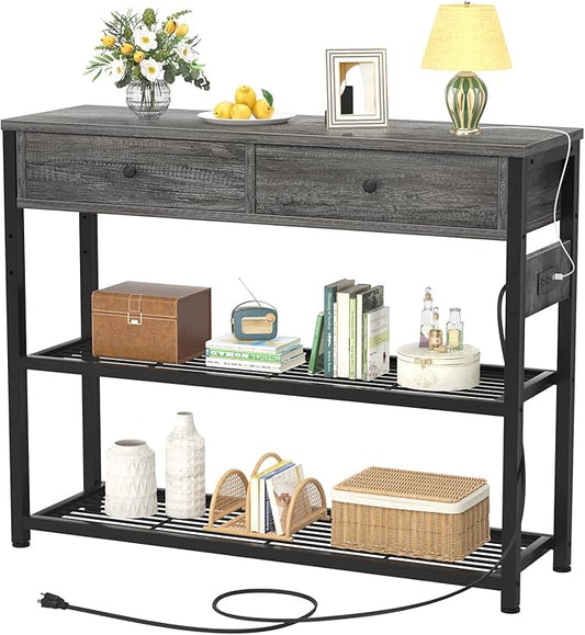 Ecoprsio Entryway Table with Outlets and USB Ports, Small Console Table with 2 Drawers, Sofa Table with Storage Shelves for Living Room, Couch, Hallway, Foyer, Kitchen Counter, 32'', Grey Oak