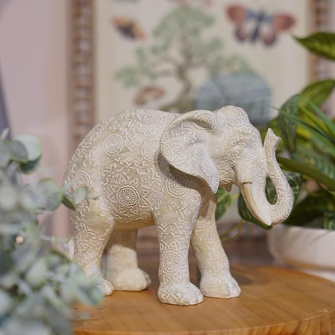Guichifun Elephant Statues Decor Collectible Figurines - Cream Resin Boho Elephant Decoration Handmade Brings Good Luck Health for Living Room Shelf Office Gifts for Women 7.25 x 3.25 x 5.75 Inch