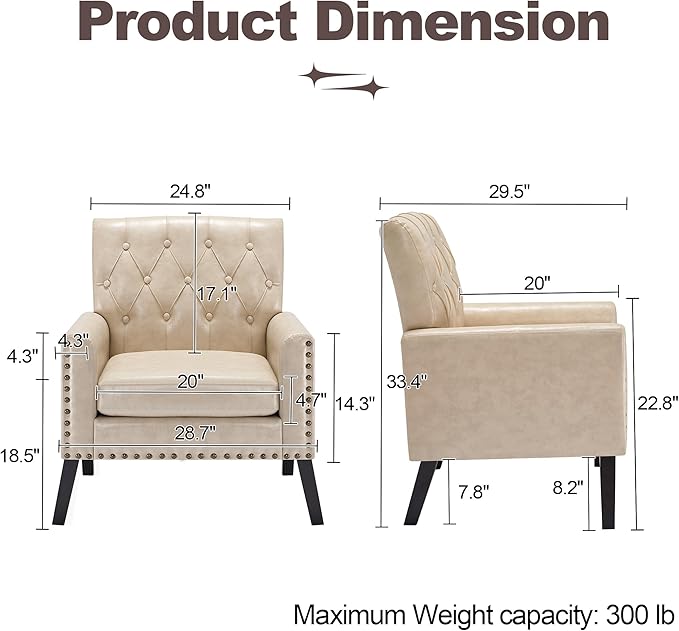 Mid Century Modern Accent Chair, White Faux Leather Office Chair for Reception - Brown Leather Club Chair for Living Room, Bedroom, or Waiting Room
