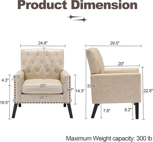 Mid Century Modern Accent Chair, White Faux Leather Office Chair for Reception - Brown Leather Club Chair for Living Room, Bedroom, or Waiting Room