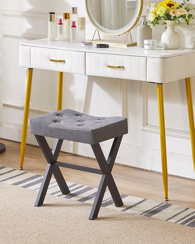 IBUYKE U-Shaped Linen Vanity Stool, Square Makeup Chair with X-Leg, Ottoman Seat Footrest Stool, Multi-Use as Small Side Table, for Bedroom, Living Room, Dark Gray WBD018G