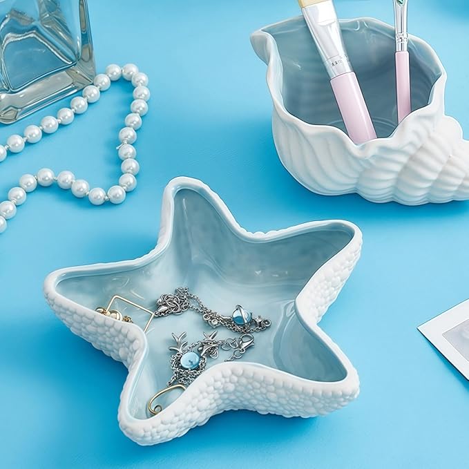 Starfish Jewelry Dish Ceramic Holder Ring Trinket Tray, Ocean-themed Decorative Trinket Dish, Suitable for Mother Friend Sister, Gifts for Women, Home Decor Trinket Dish(Sea Blue)