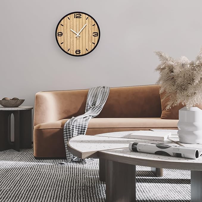 10 Inch Round Wall Clock Battery Operated Wooden, Non-Ticking Quartz Decorative Analog Clocks for Apartment, Living Room, Bedroom, Hallway, Classroom - Easy to Install & Read