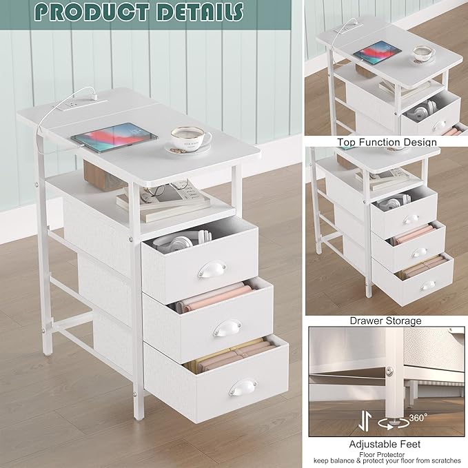 End Table with Charging Station, Side Tables Livingroom with USB Ports and Outlets,Narrow Nightstands Bedside Tables with 3 Drawers PU Finish for Small Space,Slim Sofa Table Bedroom,White