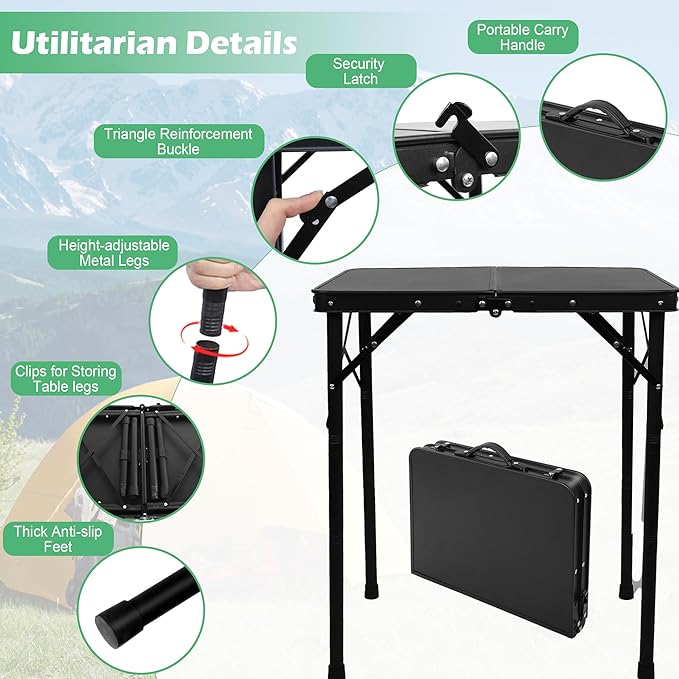 23”L×15”W×27”H Small Metal Folding Table, Picnic Camping Side Table for Outdoor Garden Patio - Portable Lightweight, Compact & Height Adjustable Grill Stand BBQ