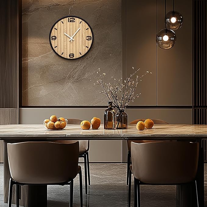 10 Inch Round Wall Clock Battery Operated Wooden, Non-Ticking Quartz Decorative Analog Clocks for Apartment, Living Room, Bedroom, Hallway, Classroom - Easy to Install & Read