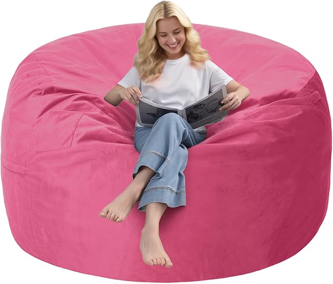 5FT Bean Bag Chair with Ultra Soft Velvet Cover Bean Bag Sofa with Memory Foam Bean Bag Chairs with Large Size Lazy Sofa for Dorm Office Living Room Bedroom Hot Pink 5'