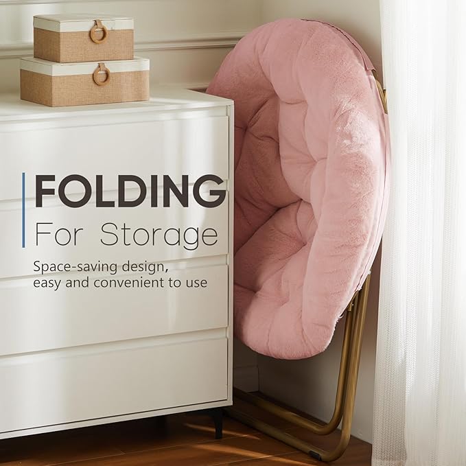 DUMOS Saucer Chair for Adults, Teens, Faux Fur XL Circle Chair for Bedroom, Dorm & Gaming, Foldable Comfy Accent Seat for Small Spaces, Oversized Style Thick Padded Meatal Frame, Peach