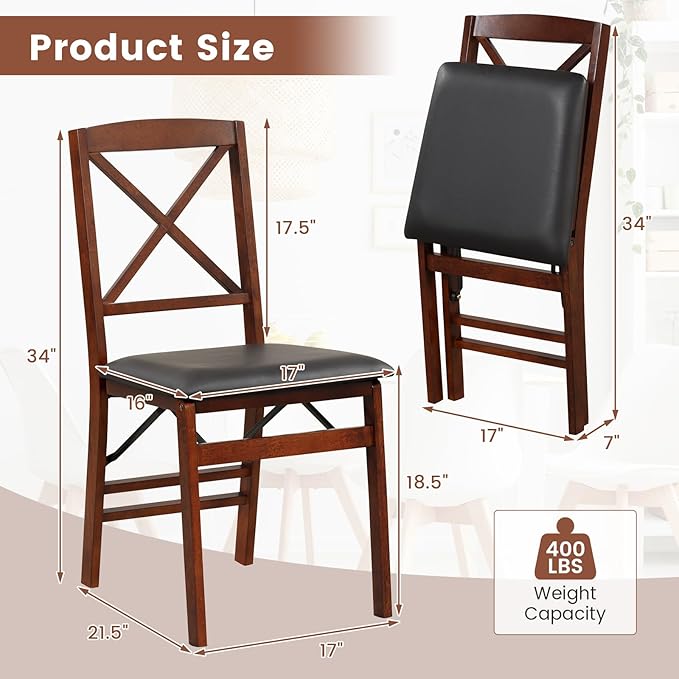Folding Chairs Set 4, Wooden Foldable No Assembly Chair-Set with Padded Seats, Solid Wood Frame, 400 lbs Weight Capacity, Space Saving Dining Chairs for Small Space, Guests Kitchen (4, X-Shaped Back)
