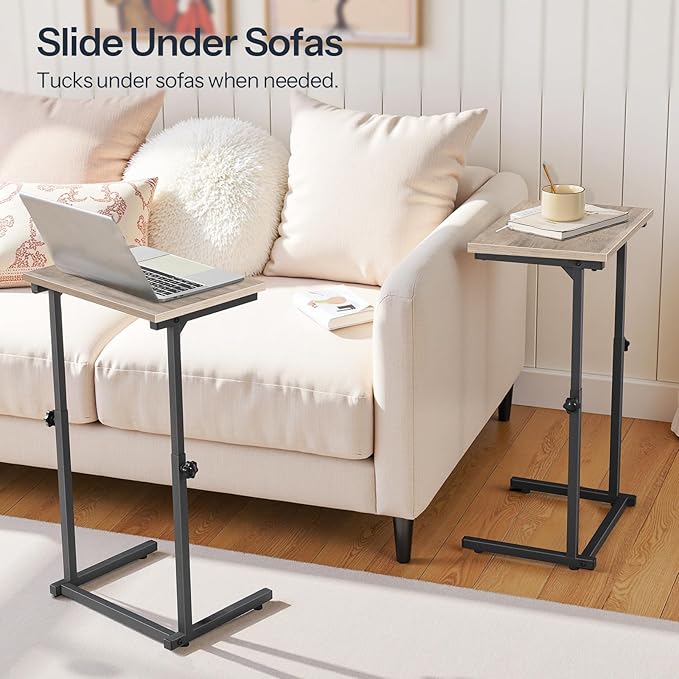 HOOBRO C Shaped End Table, Adjustable Height Side Table for Sofa, Couch Table for Small Space, Slide Under Small Tray Side Table for Living Room, Bedroom, Greige and Black BG71SF01