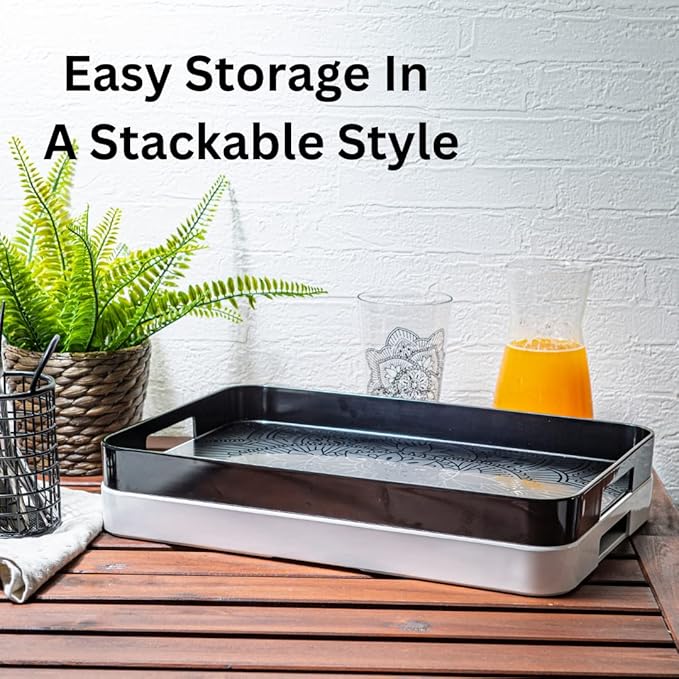 Bzyoo Melamine Gallery Tray -11.5in x 16inch Large Rectangle Serving Tray with Handle for Entertaining, Ottoman and Kitchen Counter Decor, Decorative Home Coffee Table Tray or Vanity Tray - White