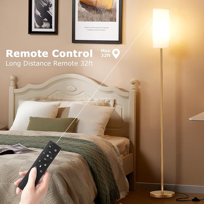 Ambimall 64'' Floor Lamps for Living Room with Remote Control and Stepless Dimmable Colors Temperature & Brightness, 9W Bulb Included(White Lampshade & Gold Pole)