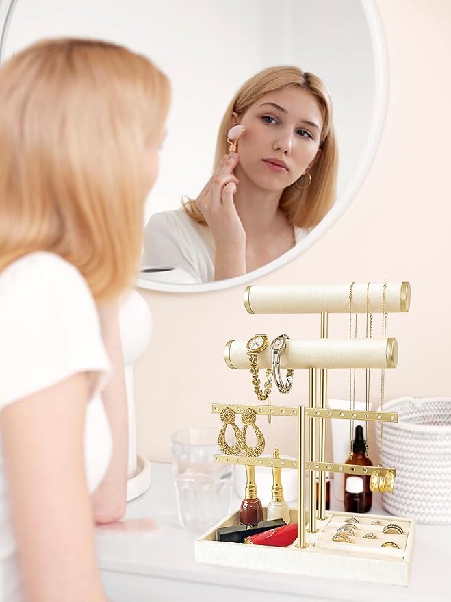 3 Tier Jewelry Organizer Stand with Detachable Ring Tray, Multi-functional necklace Holder for Bracelet, Earring, Elegant Closet Decor Gift for Women (White)