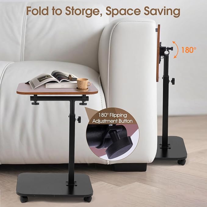 Swivel TV Tray Side Table Adjustable Height Couch Tables for Small Space Folding C Shaped End Table with 360°Rotating 180°Flip Top Sofa Laptop Pedestal Tables for Living Room Bedroom Bedside