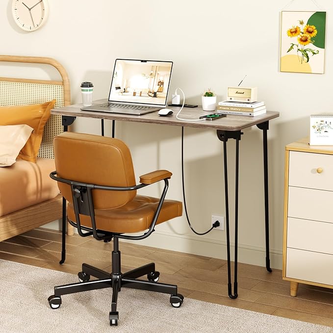 Folding Desk, 31.5" Hairpin Legs Small Desk with Power Strip for Bedroom, Space Saving Foldable Computer Desk for Home Office, No Assembly Need,Light Brown
