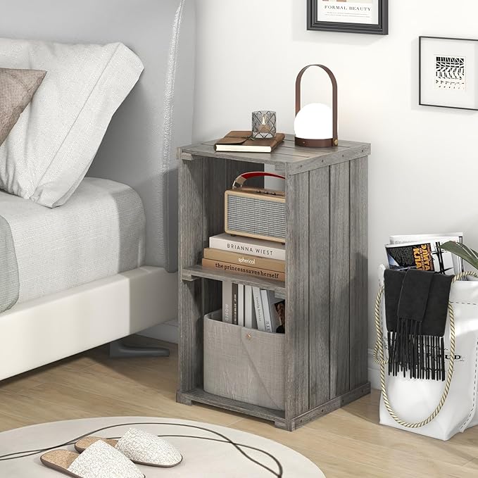 Giantex 2-Cube Bookcase, 3-Tier Paulownia Wood Cubic Organizer w/Open Back, Freestanding Cubby Storage Shelf, Slatted Wooden End Table, Farmhouse Style Bookcase for Living Room, Bedroom