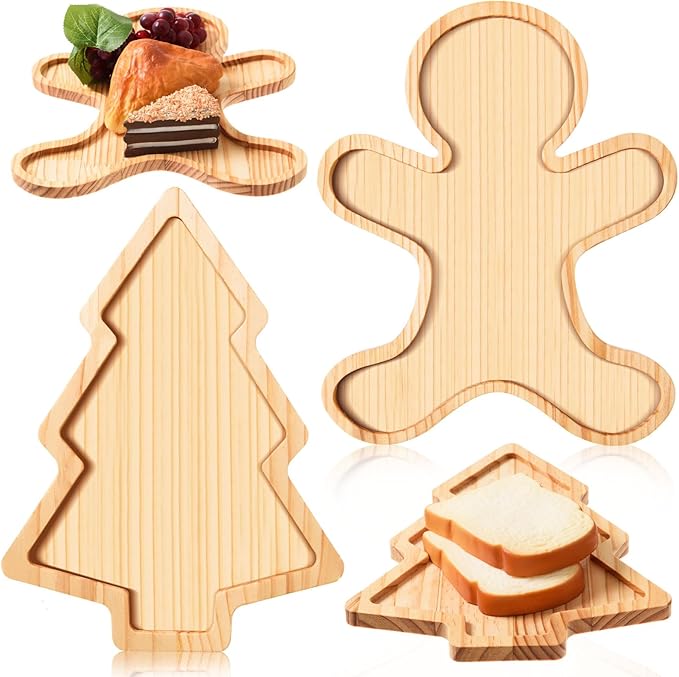 FOBSME 2 Pcs Christmas Wooden Serving Platters Christmas Tree and Gingerbread Man Charcuterie Boards Decorative Wood Trays Christmas Wood Snack Dish Plates for Xmas Holiday Housewarming Present