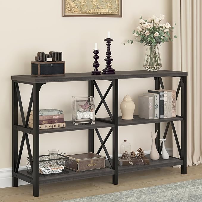 IBF Long Console Table, Industrial Entryway Table with Storage Shelves, Modern Metal Wood Sofa Table Behind Couch, Farmhouse 3 Tier Foyer Hallway Table for Entry Living Room, Dark Gray Oak, 63 in