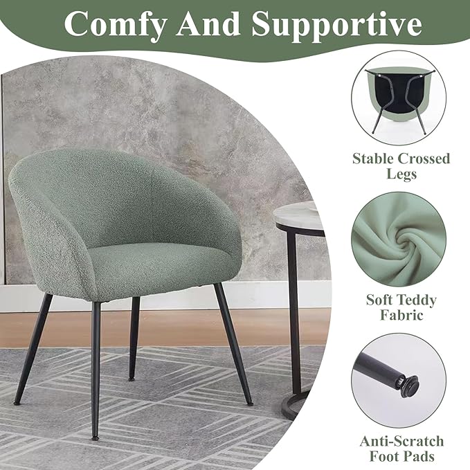 Modern Small Accent Chair Set of 2, Comfy Sherpa Makeup Vanity Chair with Metal Legs, Decorative Chair no Wheels for Living Room, Dressing Room, Bedroom, Green