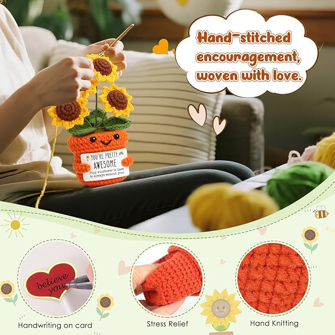 Mini Inspirational Gifts for Women Handmade Crochet Positive Affirmation Sunflower for Teacher, Mentor, Nurse, Coworker, Emotional Cheer Up Support, Birthday, White Elephant Christmas Stocking Stuffer