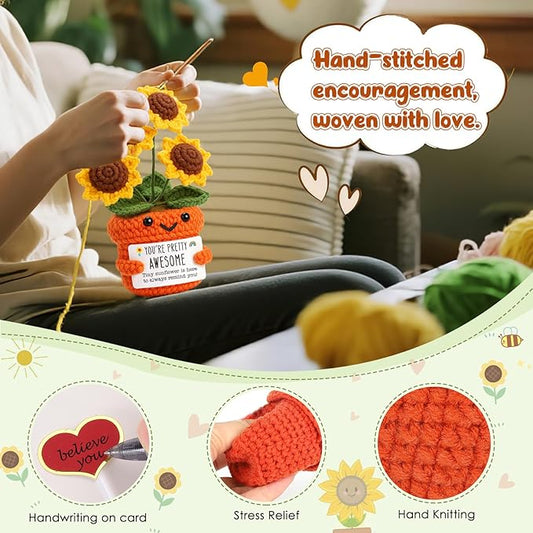 Mini Inspirational Gifts for Women Handmade Crochet Positive Affirmation Sunflower for Teacher, Mentor, Nurse, Coworker, Emotional Cheer Up Support, Birthday, White Elephant Christmas Stocking Stuffer