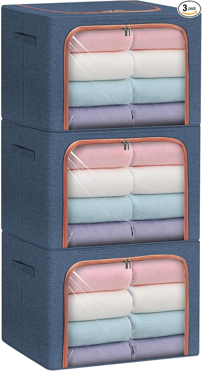 3 Pack Foldable Storage Bins with Metal Frame, Large Capacity Stackable Clothes Organizer with Clear Window & Carry Handles, Linen Fabric Storage Boxes for Closet (Navy Blue, 3PCS-Large-66L)