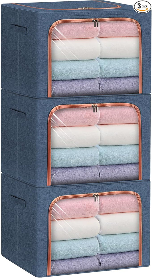 3 Pack Foldable Storage Bins with Metal Frame, Large Capacity Stackable Clothes Organizer with Clear Window & Carry Handles, Linen Fabric Storage Boxes for Closet (Navy Blue, 3PCS-Large-66L)