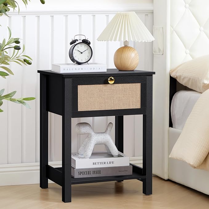 Wood Nightstand, 21.65" H End Table with Flax Finish, Modern Night Stands with Drawer, Farmhouse Bedside Table for Bedroom Living Room (Black)