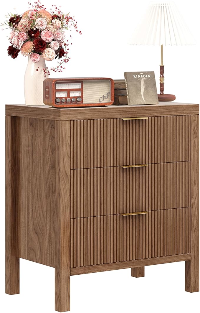 End Table with Storage, Wooden Farmhouse Nightstands with 3 Drawers, Bedside Table - Boho Tall Side Table Accent for Bedroom, Living Room, Walnut