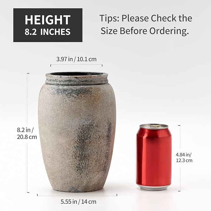 8.2 Inch Ceramic Vase, Terracotta Rustic Vase Farmhouse Decorative Vase Boho Decor, Ceramic Vases for Home Decor, Living Room, Entryway, Floor, Holiday Wedding Christmas New Year Gifts - Gray