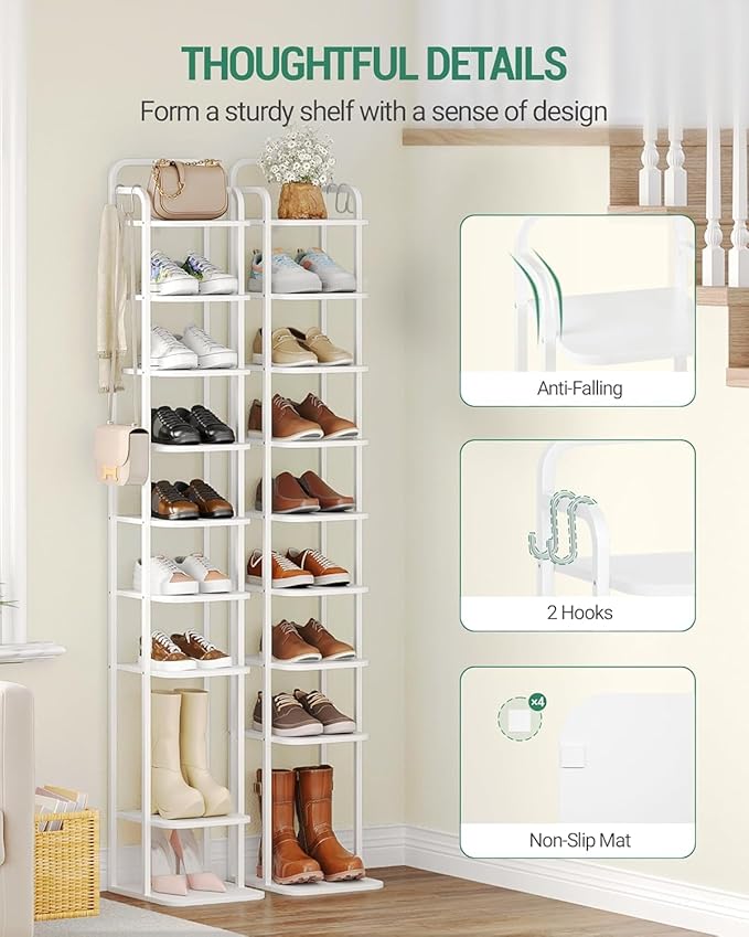 10 Tiers Vertical Shoe Rack, Narrow Shoe Tower, Tall Shoes Shelf with 2 Hooks, Adjustable Shelves, Corner Shoes Shelves for Small Spaces, Entryway, Living Room, White SR11213W
