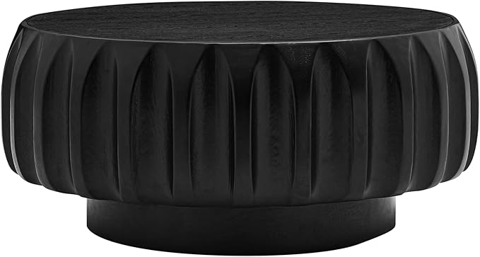 WILLIAMSPACE 31.5" Round Coffee Table with Elegant Sculptural Design, Solid Wood Carved Center Drum Coffee Table Circle End Side Table with Sturdy Base, Black