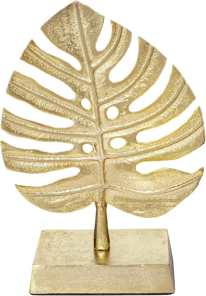 MyGift Brass Tone Metal Palm Leaf Modern Art Sculpture Decor, Monstera Plant Statue - Handcrafted in India