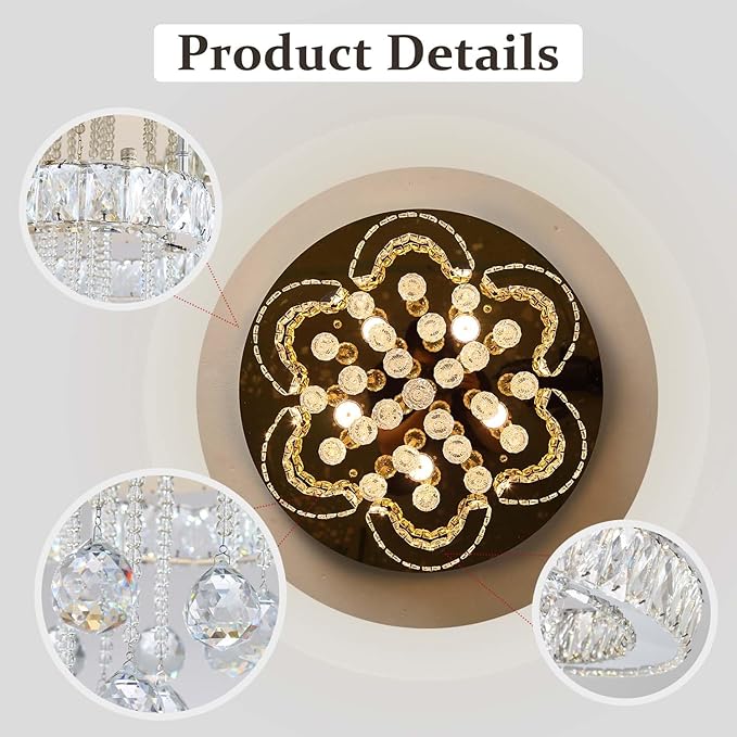Flashing God W24inches Modern Chandelier for Dining Room Raindrop Crystal Chandelier Luxury Flush Mount Ceiling Light Fixture Ceiling Lamp for Hallway Bedroom Living Room Kitchen