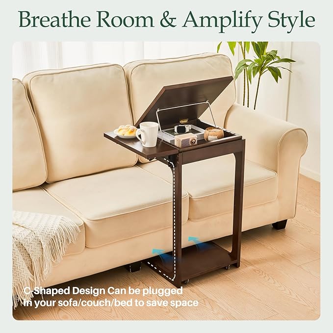 Wood Side Table for Couch - C Shaped Rolling End Table with Wheels, Wooden Modern Tv Tray Bedside Tables Nightstand for Sofa Armchair Living Room Bedroom, Black Walnut, 15.7 in x 15.7 in x 29.5 in