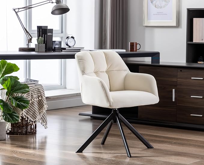 EALSON Comfy Velvet Desk Chair Modern Computer Task Chair no Wheels Swivel Accent Chair with Mid Back Arm Chair for Living Room/Bedroom/Home Office(Beige)