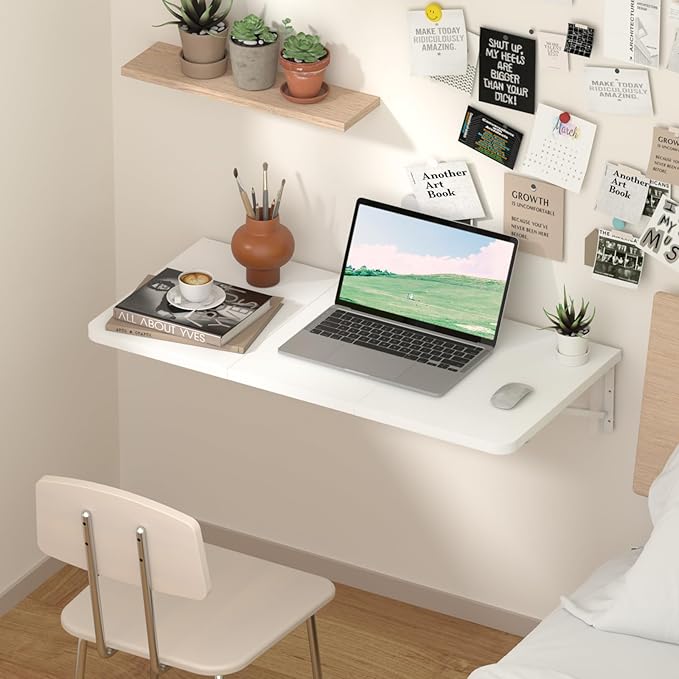 TEAMIX Wall Mounted Desk, White Folding Table for Small Spaces, Wall Floating Desk with Heavy Duty Brackets for Laundry Room,Kitchen,Office Storage